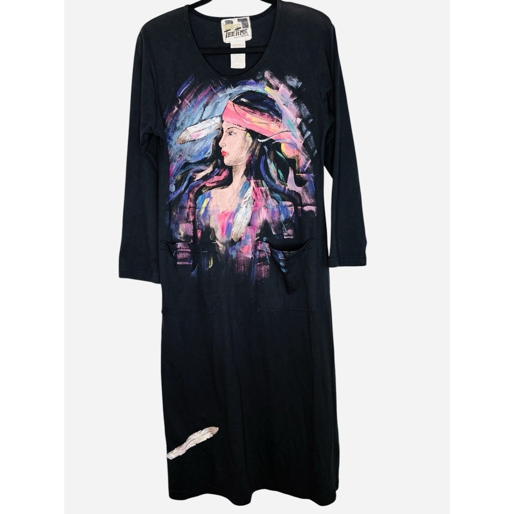 VTG Y2k Tee Time Hand Painted Dress M Art Southwestern Midi Native Portrait 90s